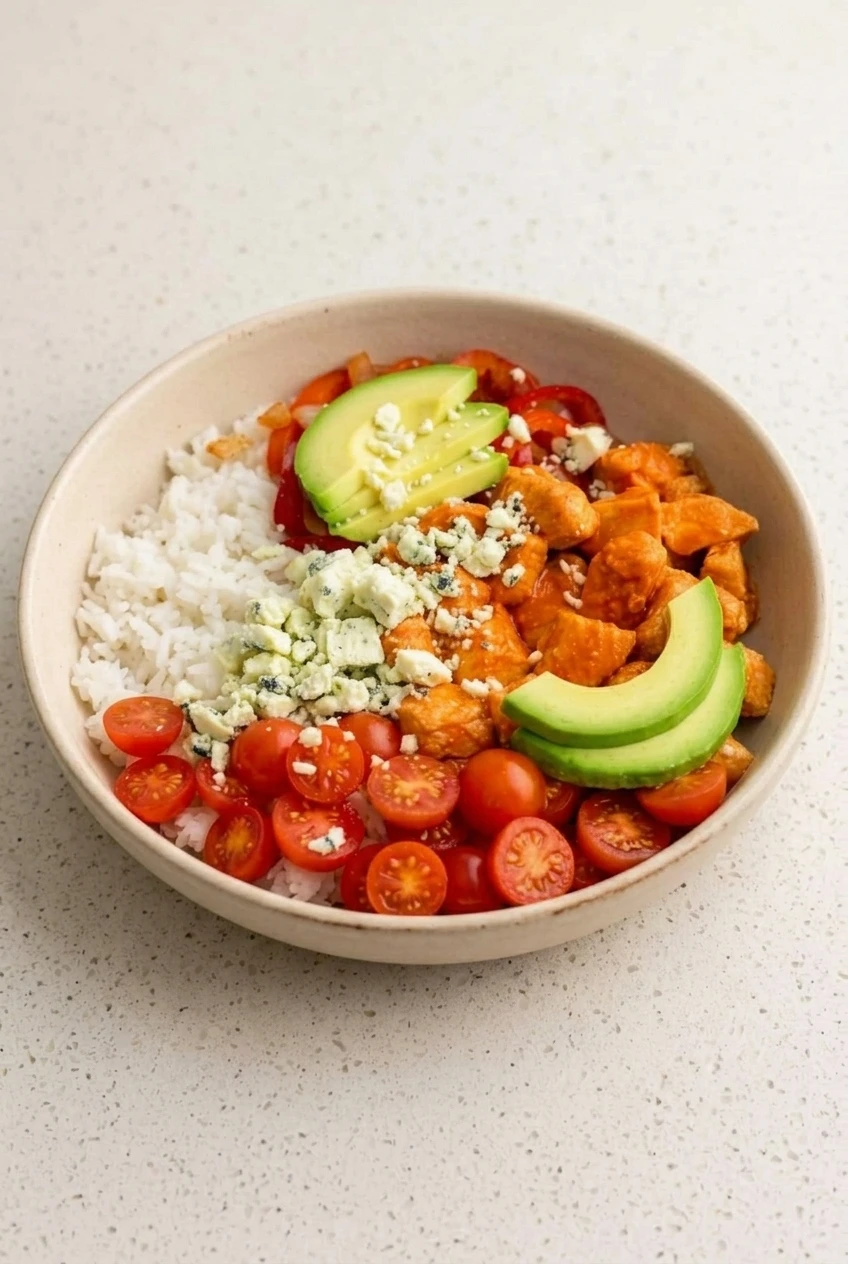 A complete Buffalo Chicken Rice Bowl centered on a light countertop, with rice, saucy chicken, vegetables, avocado, tomatoes, and blue cheese.