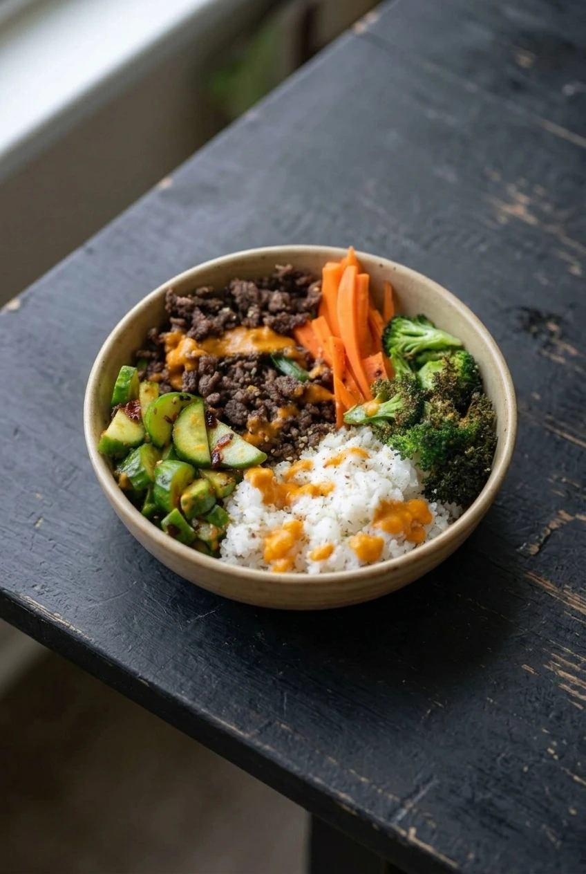 A complete beef bulgogi rice bowl with distinct vegetable sections on a dark tabletop
