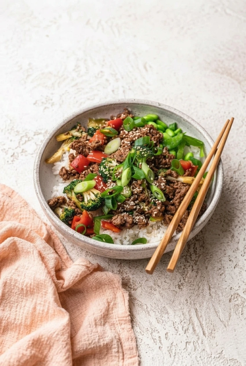 Full beef teriyaki rice bowl with colorful vegetables and garnishes, centered on a light tabletop