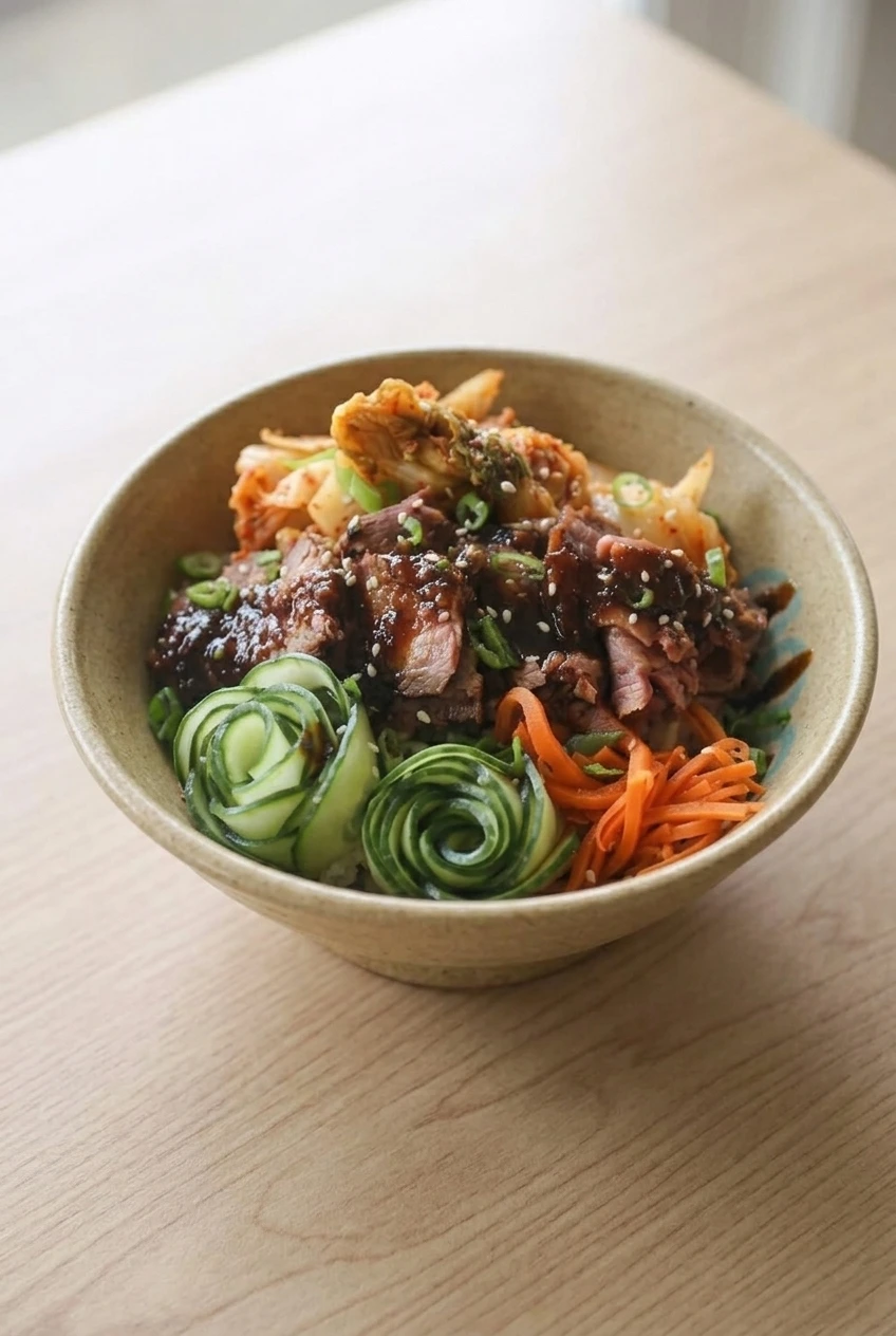 Full Korean BBQ steak rice bowl centered on a tabletop, with kimchi, cucumber coils, julienned carrots, and glossy beef