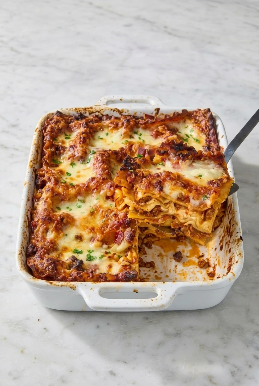 A wider view of beef lasagna in a rectangular casserole dish, with a layered slice lifted on a spatula.