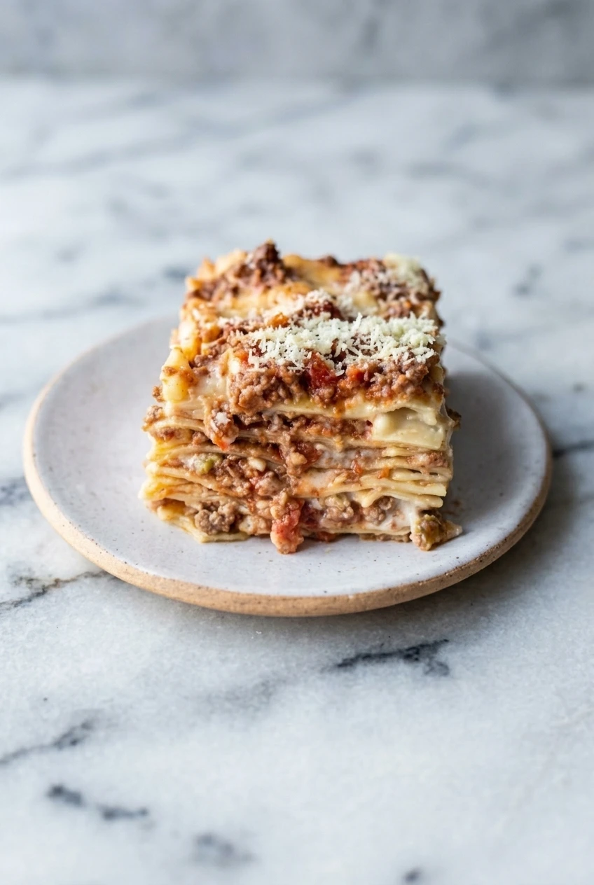 A square slice of layered Lasagna Bolognese centered on a plate with more neutral surface visible around it