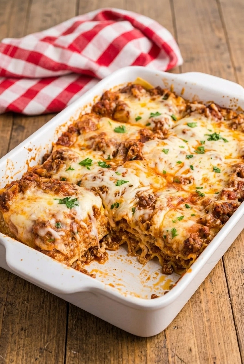 A wide view of easy no-boil lasagna in a white baking dish, with one square serving removed.
