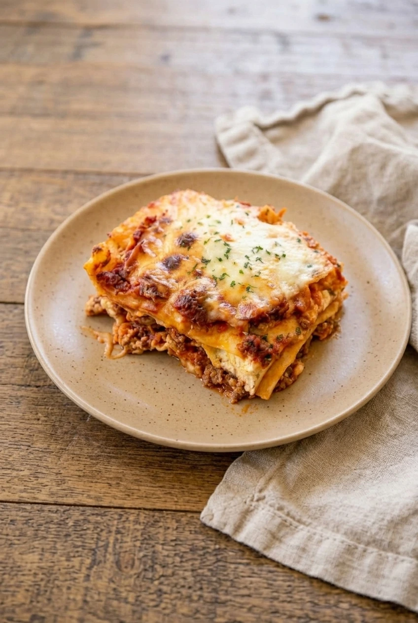 A full square serving of Million Dollar Lasagna on a plate, with its browned cheese top and layered interior visible.