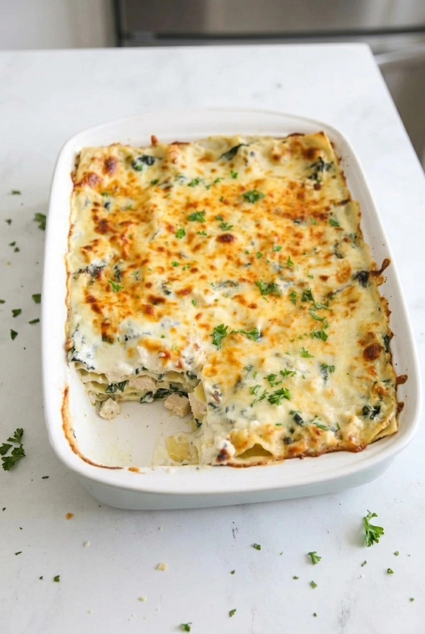Full white casserole of spinach chicken Alfredo lasagna with golden cheese and a serving cut from one corner.