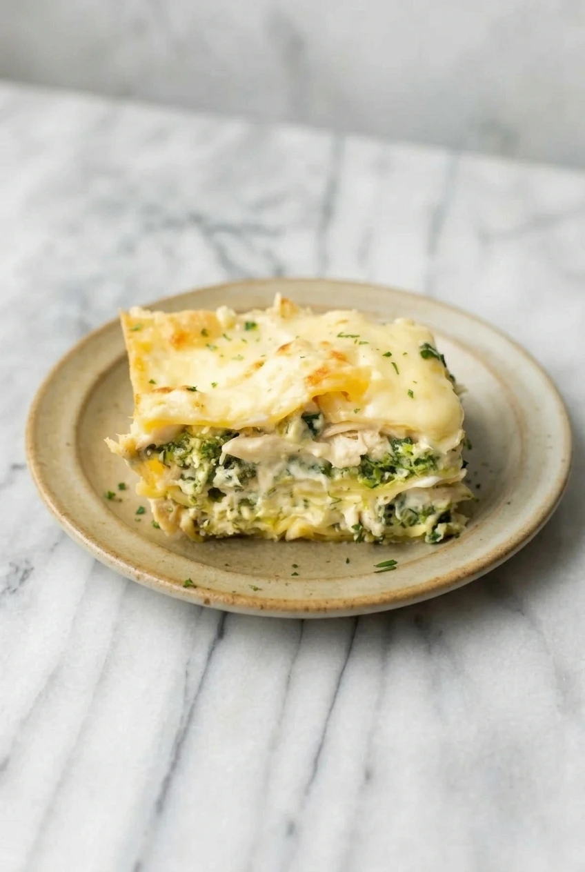 A full plate with a rectangular slice of white chicken lasagna, showing its creamy chicken and spinach layers.