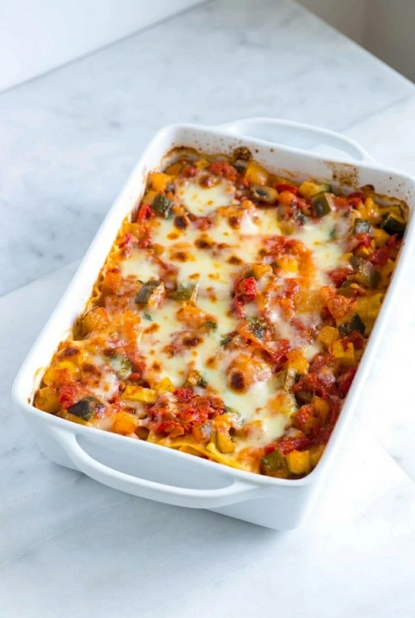 A complete white casserole of classic vegetable lasagna centered on a pale countertop with room around the dish.