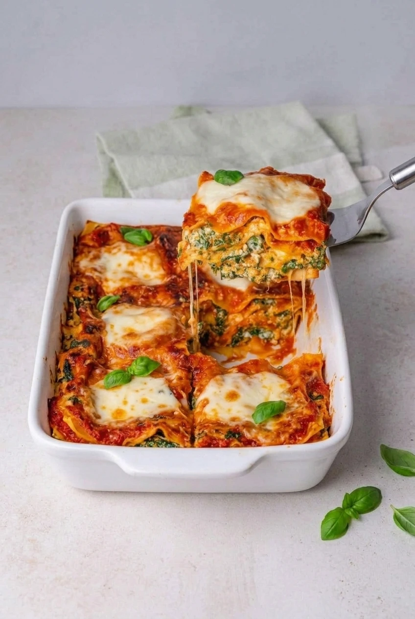 A rectangular dish of spinach and ricotta lasagna with a square serving lifted to show its layered interior.