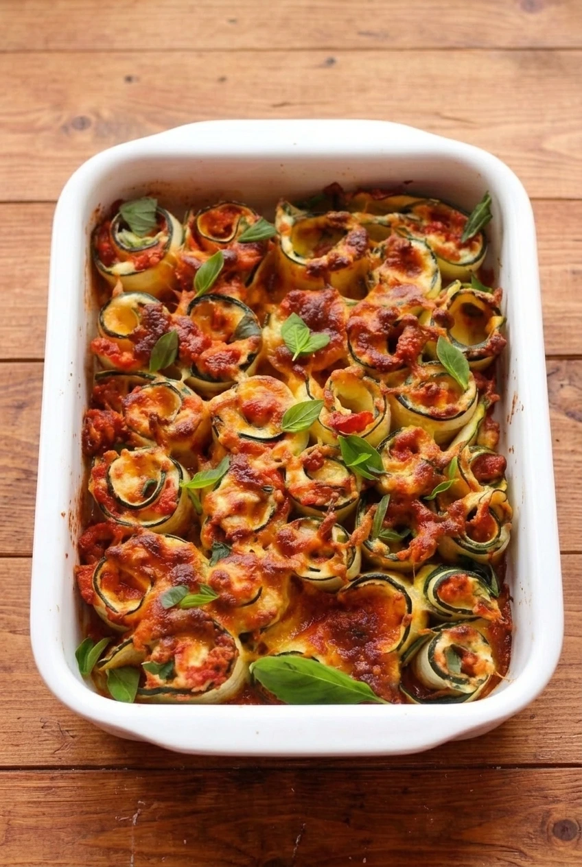 Full white casserole of curled zucchini lasagna with marinara, browned cheese, and basil on a wooden surface.