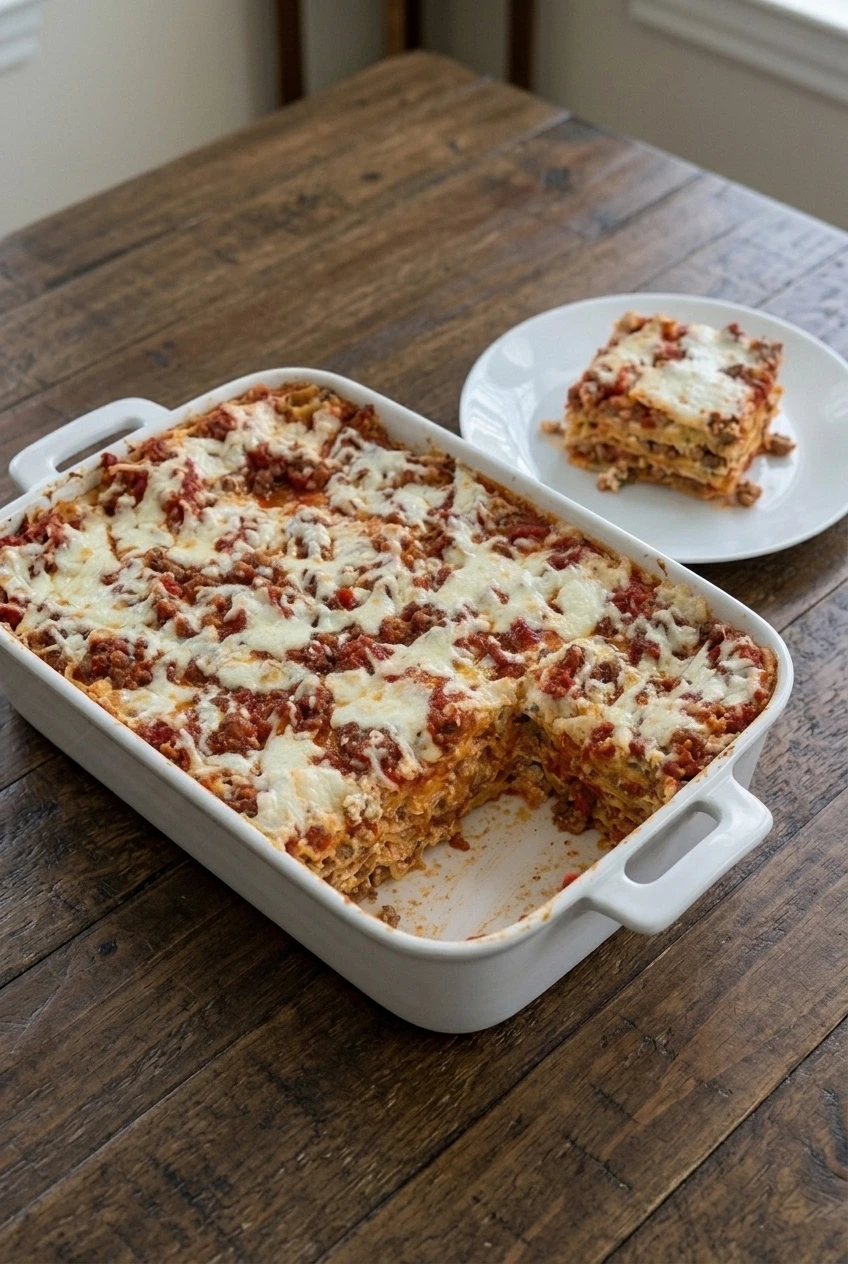 Full Italian sausage lasagna casserole and plated square slice in a wider view on a wood surface