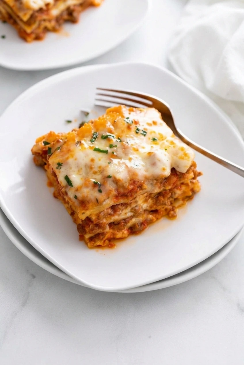 A full plate with a square serving of five cheese lasagna, showing its layered cut sides and melted cheese topping