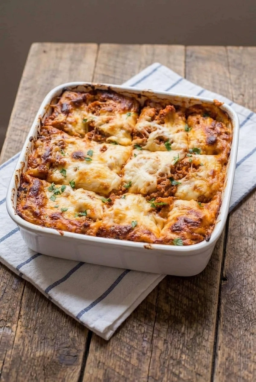 A full white casserole dish of cottage cheese lasagna centered on a simple kitchen surface