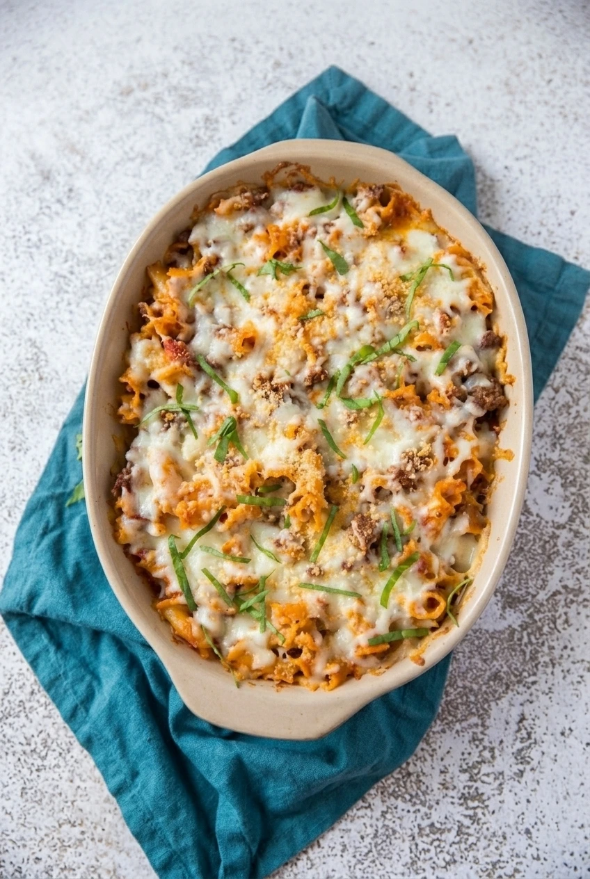 A full oval dish of lazy lasagna casserole with beef, farfalle, melted cheese, and basil on a pale counter