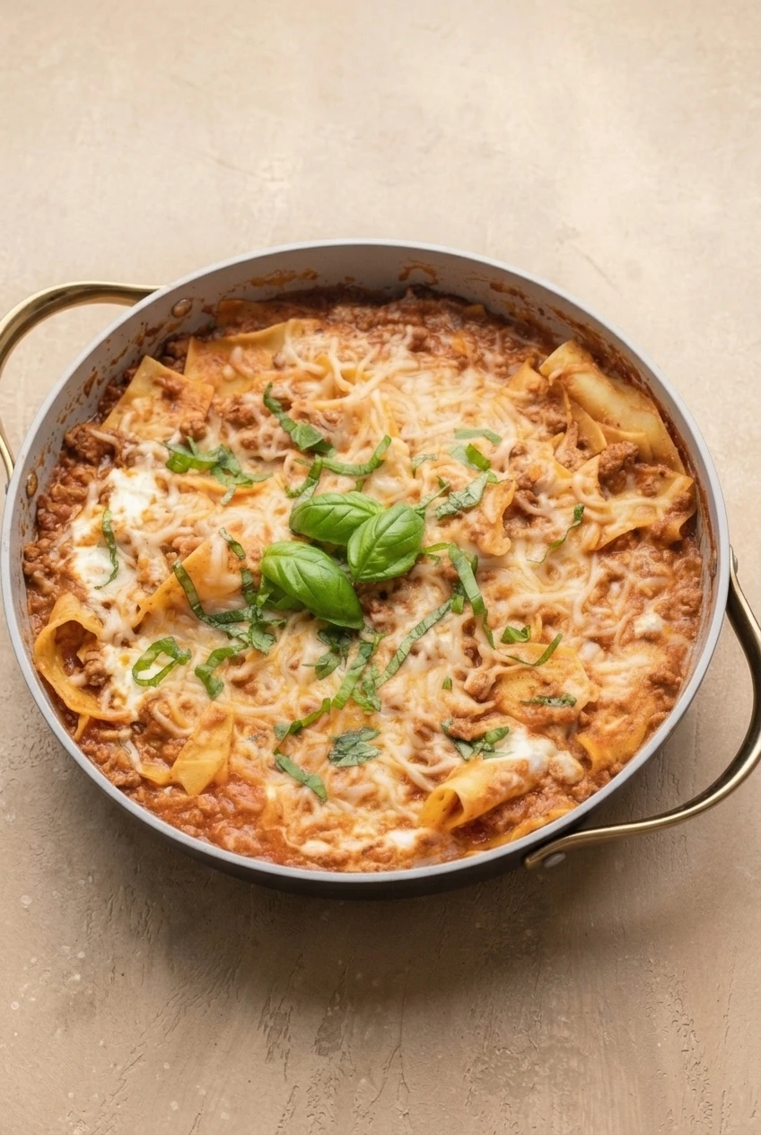 Whole skillet of beef lasagna noodles with ricotta, mozzarella, and basil on a neutral tabletop