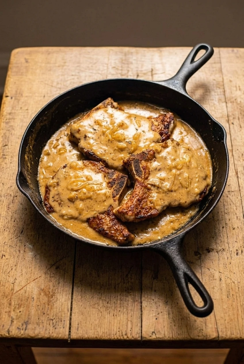 A full dark skillet of Southern smothered pork chops with onion gravy, shown with more surrounding surface.