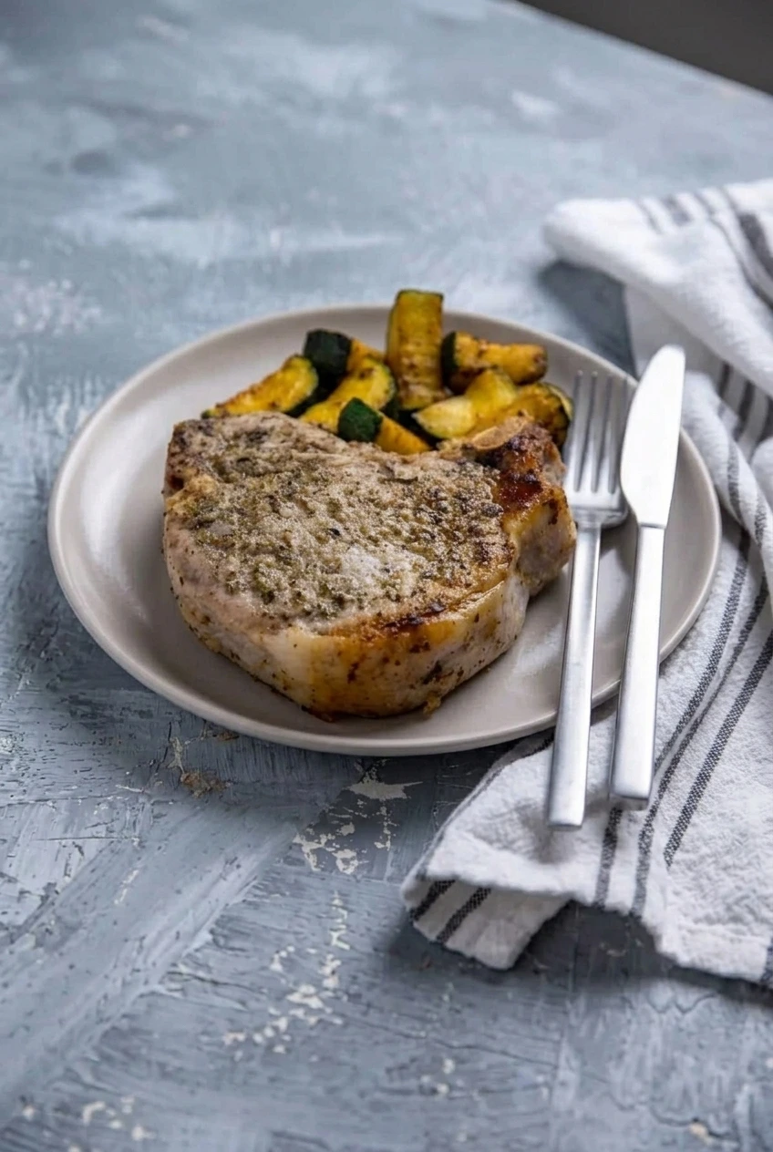 A full plate of garlic butter skillet pork chop and zucchini on a gray tabletop