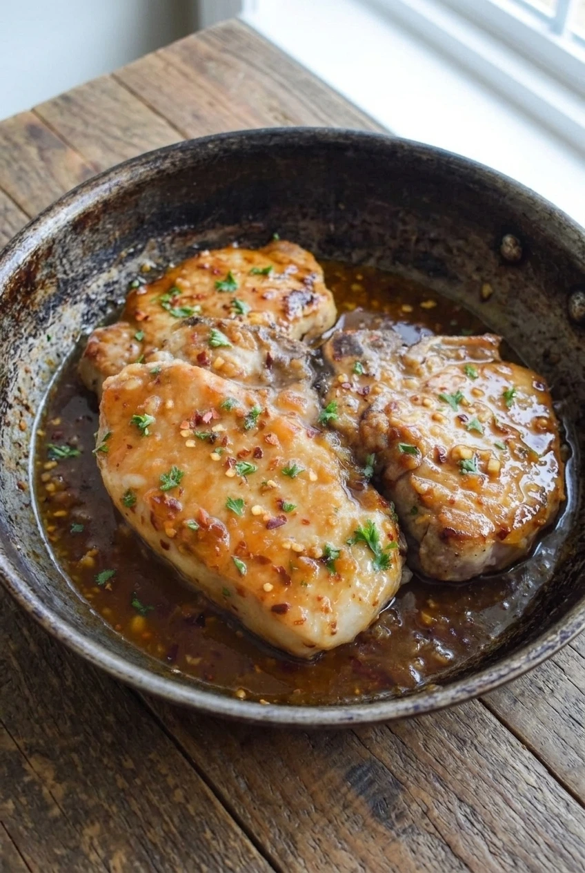 A wider view of whole honey garlic pork chops in a shallow serving pan, finished with parsley and pepper flakes