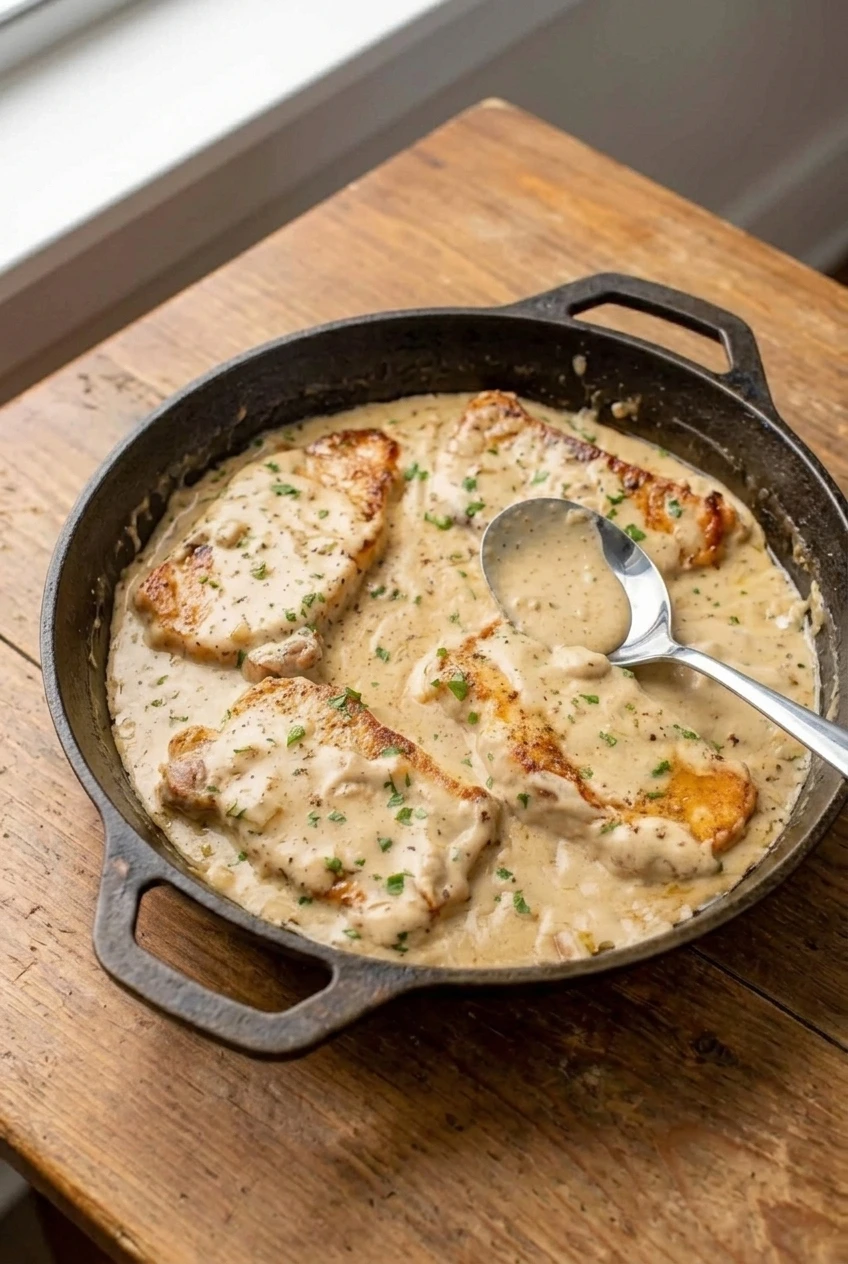 A full skillet of cream of mushroom pork chops with parsley, shown with more tabletop around the dish.