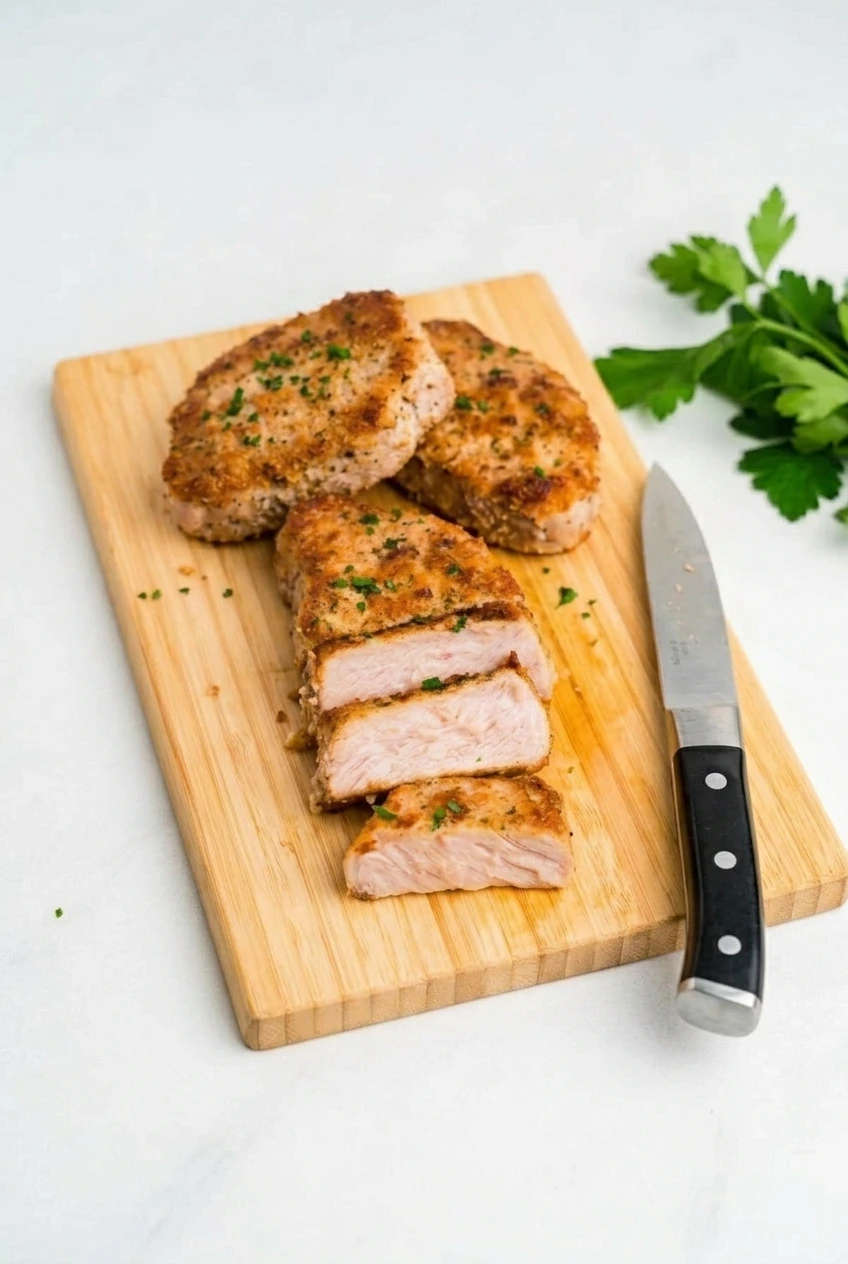 A wider view of whole and thickly sliced Parmesan-crusted pork chops arranged on a wooden board.