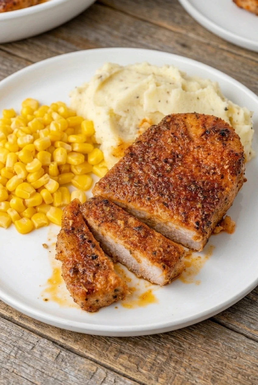 Full plate of brown sugar baked pork chops with mashed potatoes and corn, viewed with more table surface around it