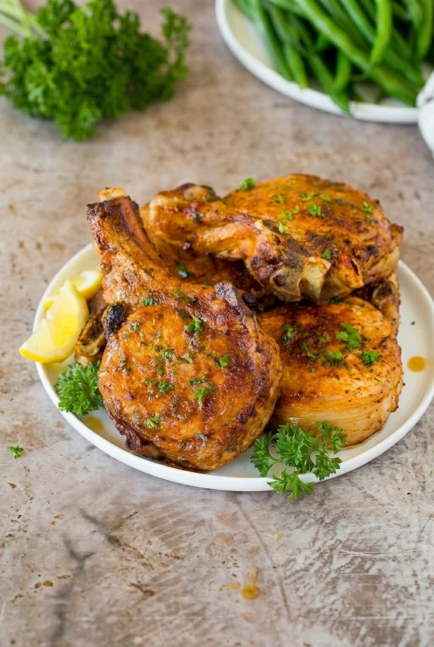 Whole plate of browned bone-in air fryer pork chops with parsley and lemon wedges, viewed from farther back