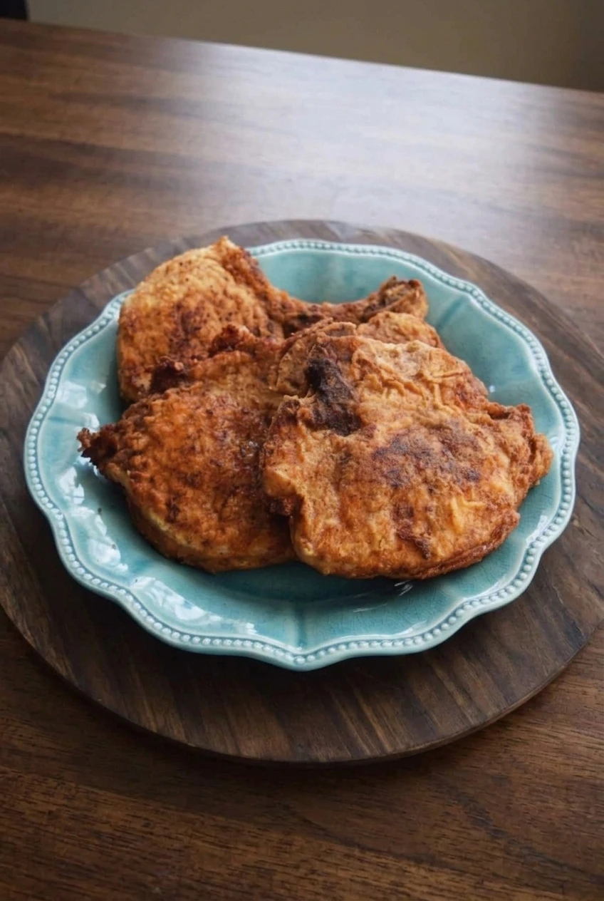 A full platter of overlapping Southern fried pork chops on a dark wooden table