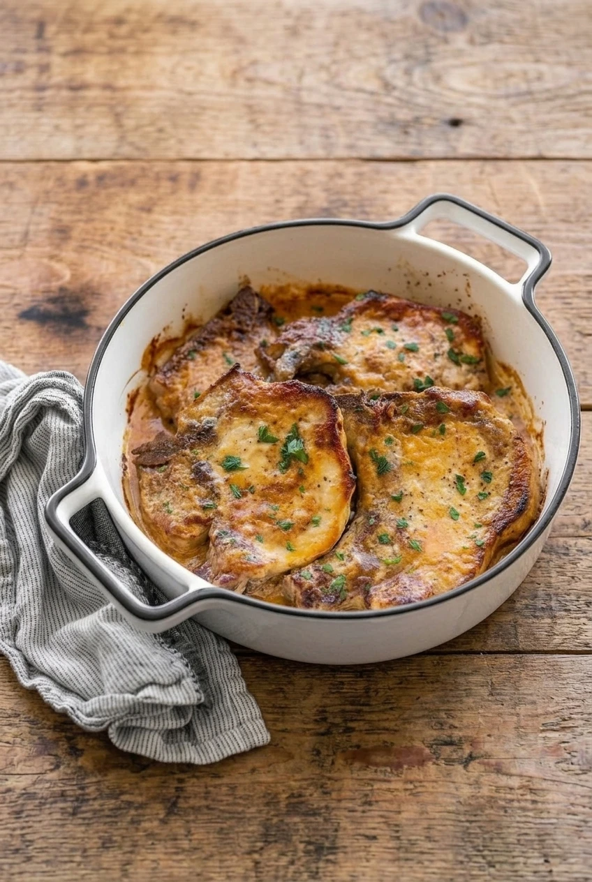 Wider view of the complete dish of creamy honey mustard pork chops on a wooden surface