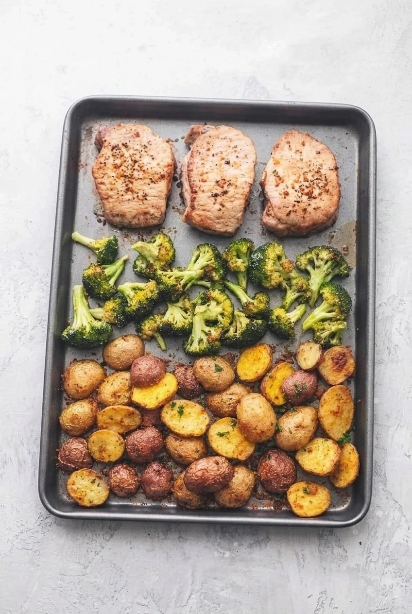 A wider view of the full sheet pan of pork chops, baby potatoes, and broccoli on a pale surface