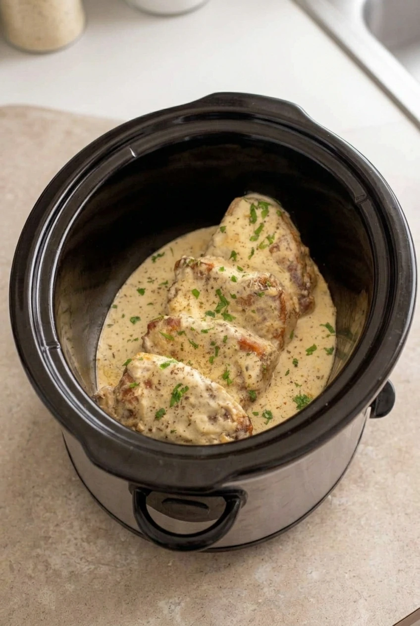 A full black slow-cooker insert filled with whole creamy garlic Parmesan pork chops and parsley.
