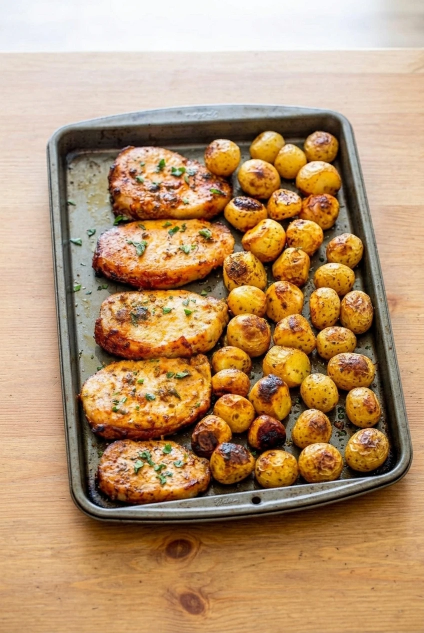 A wider view of the complete sheet-pan meal of ranch pork chops and roasted baby potatoes