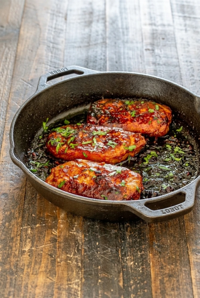 A wider view of whole Korean glazed pork chops arranged in a dark skillet