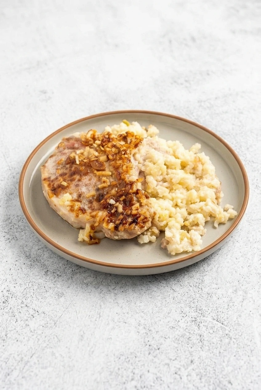 A full plate of pork chop and creamy rice casserole photographed with more of the light tabletop visible.