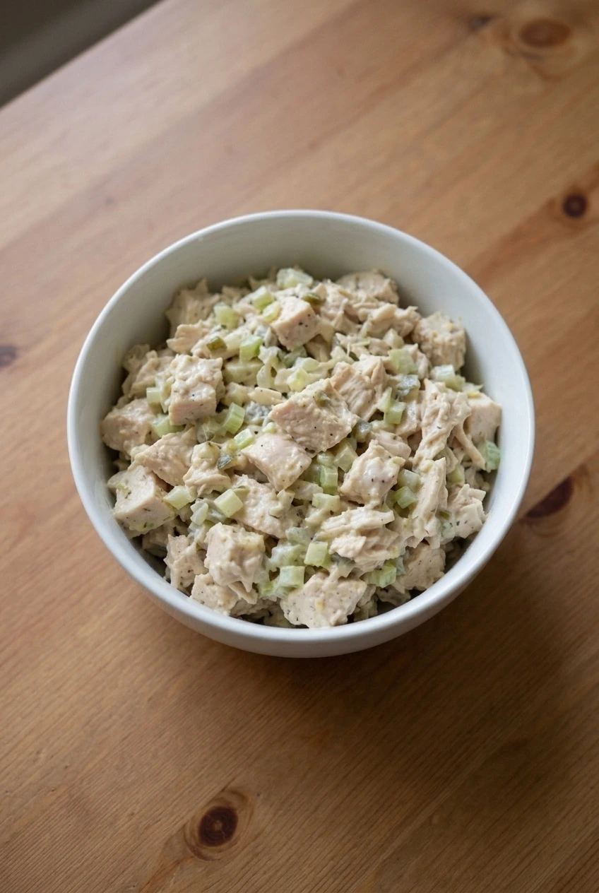 A full bowl of chilled Southern chicken salad centered on a wooden table with space around it