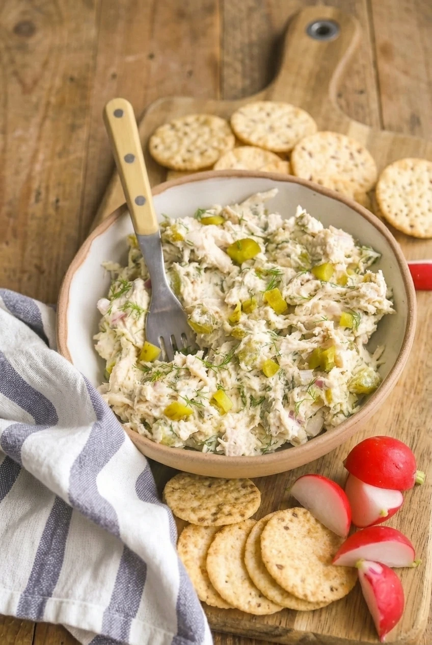 A full bowl of dill pickle chicken salad served with crackers and sliced radishes on a wooden surface