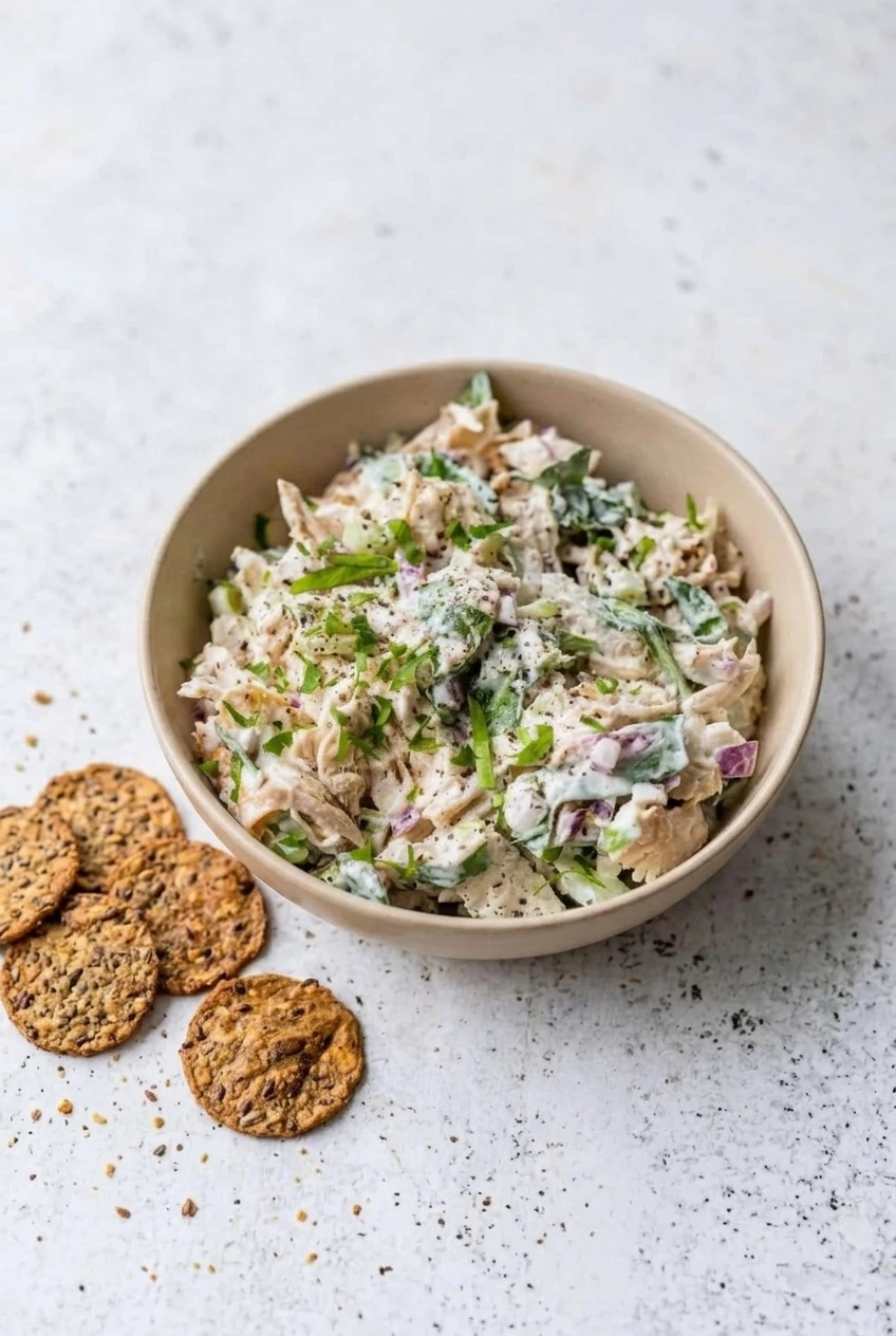 A full bowl of rotisserie chicken salad with seeded crackers on a pale surface