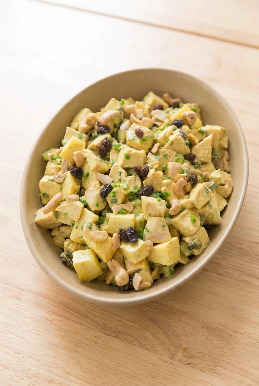 A full bowl of curry chicken salad with chicken cubes, raisins, cashews, celery, and green herbs on a wood surface.