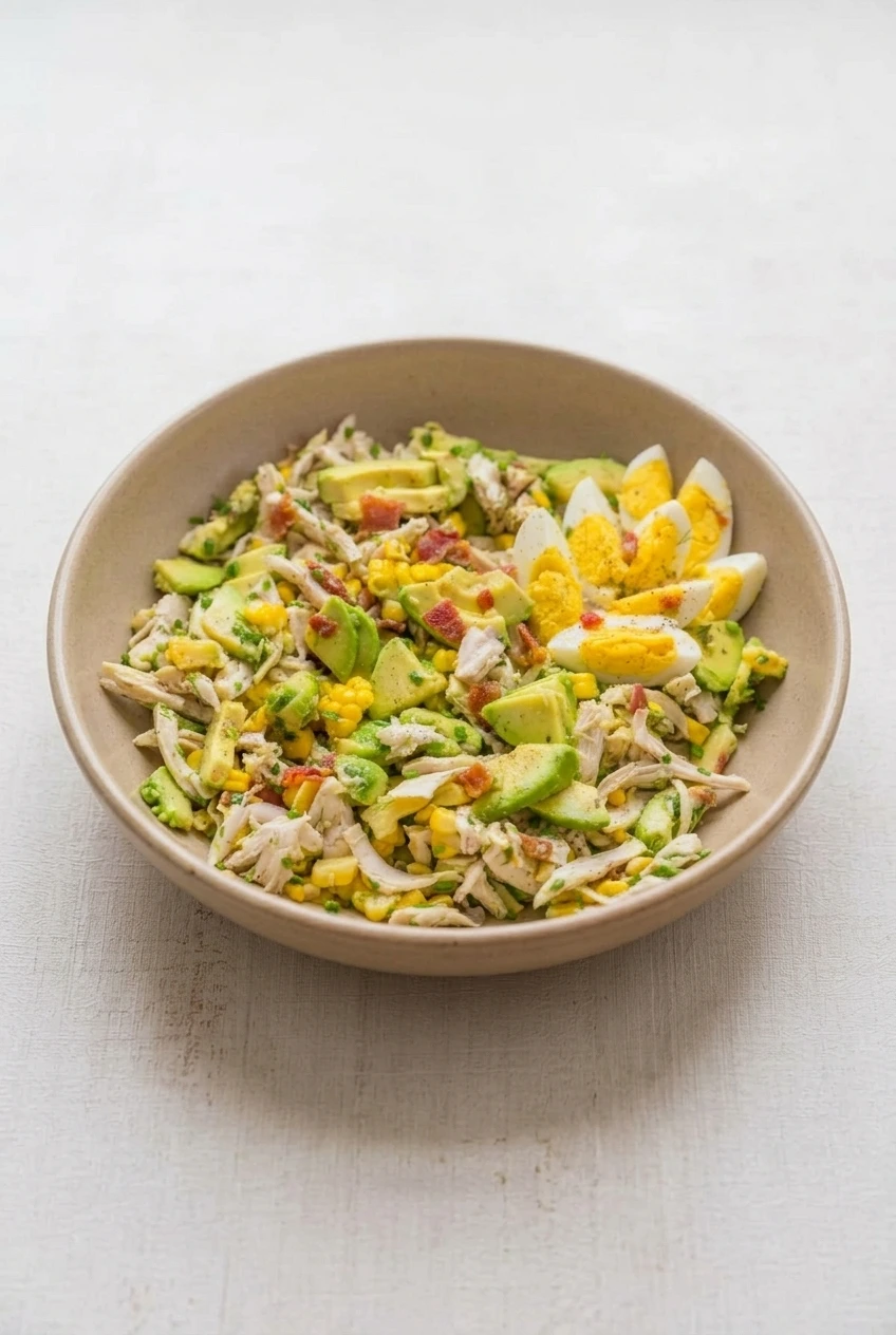 A full bowl of avocado chicken salad with chicken, avocado, corn, bacon, and egg wedges, seen with more tabletop around it.