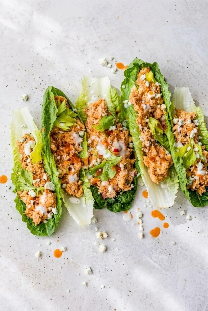 A full serving of Buffalo chicken salad lettuce boats arranged on a pale speckled surface.