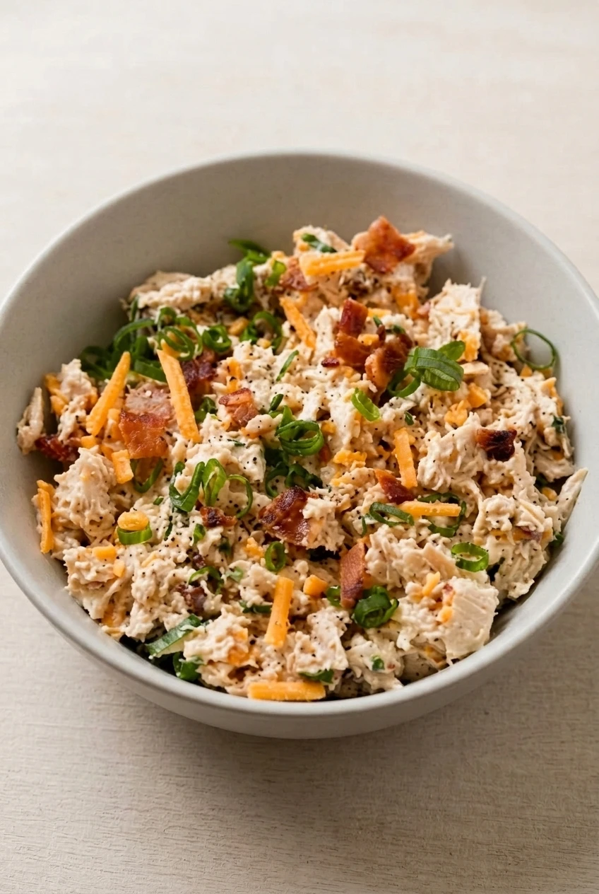 A full bowl of bacon ranch chicken salad centered on a neutral tabletop, with more of the surface visible.