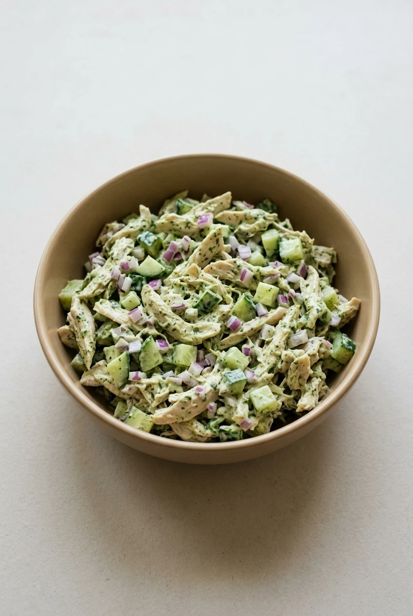 A full bowl of Green Goddess Chicken Salad centered on a neutral tabletop, with chicken, cucumber, and red onion visible