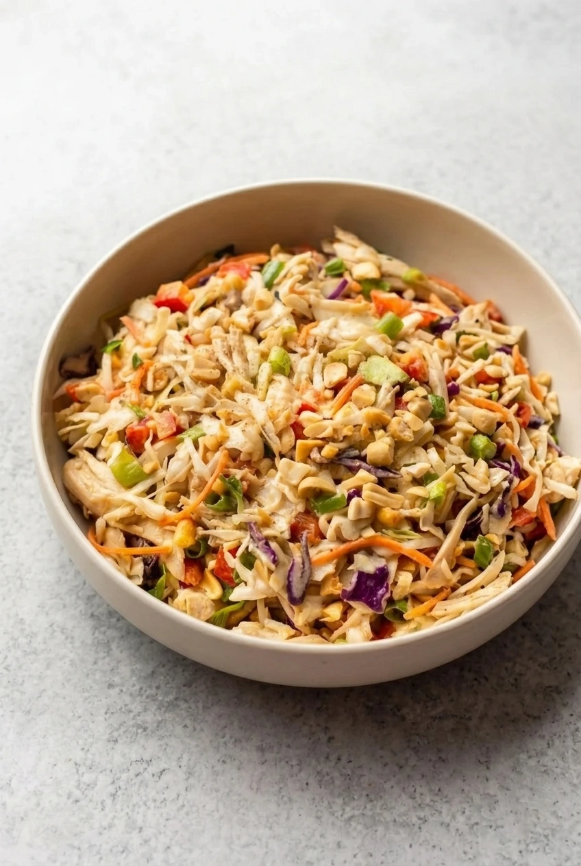 A full bowl of Thai peanut chicken salad on a pale stone surface, with chicken, colorful slaw and chopped peanuts