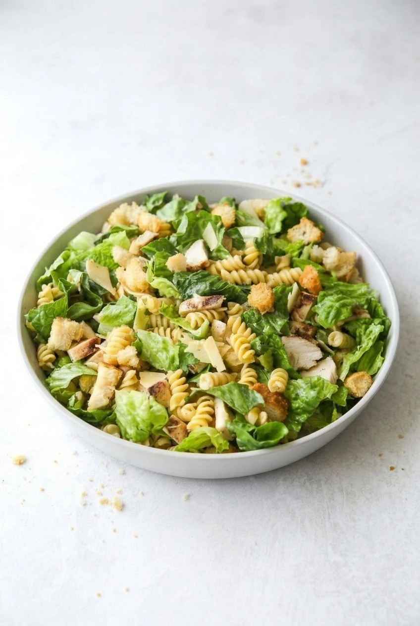 Wide view of a complete bowl of chicken Caesar pasta salad with rotini, romaine, chicken, croutons, and Parmesan