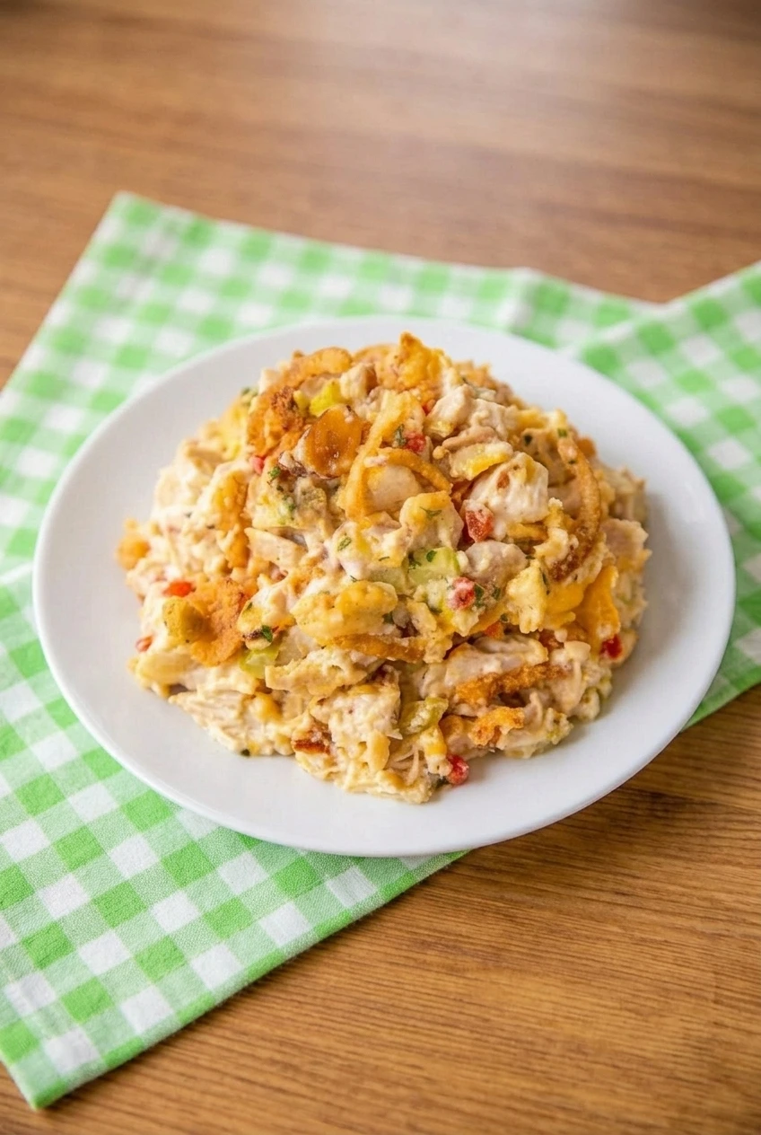 A full plate of hot chicken salad casserole with chunky chicken, almonds, and crisp topping on a neutral surface