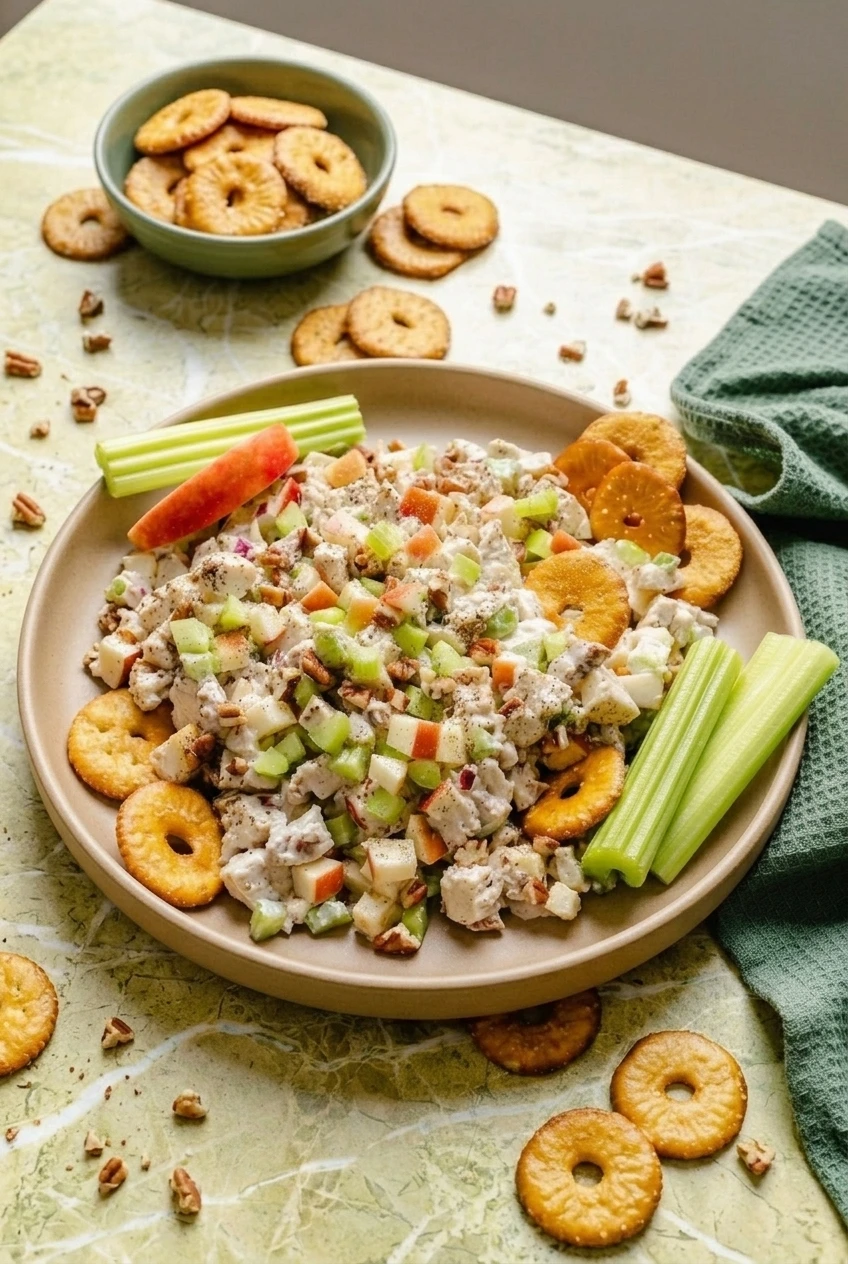 A full platter of honey mustard chicken salad with crackers and celery sticks on a light stone surface