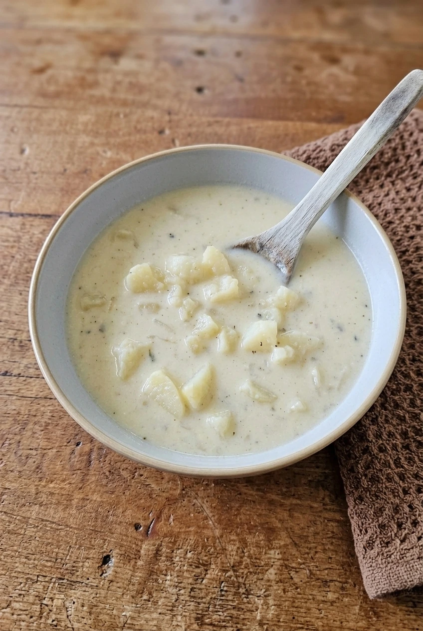 A full bowl of chunky old-fashioned potato soup on a warm brown textured surface.