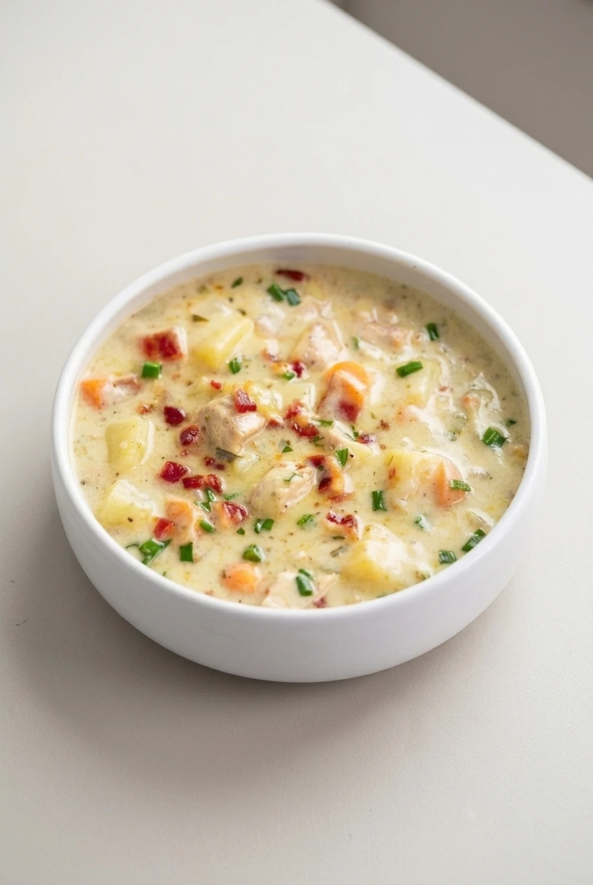 A full white bowl of creamy chicken and potato soup centered on a pale surface.