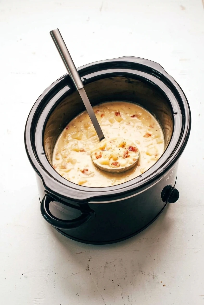 A full black slow cooker of creamy potato soup with visible potato chunks and bacon, photographed with more countertop around it.