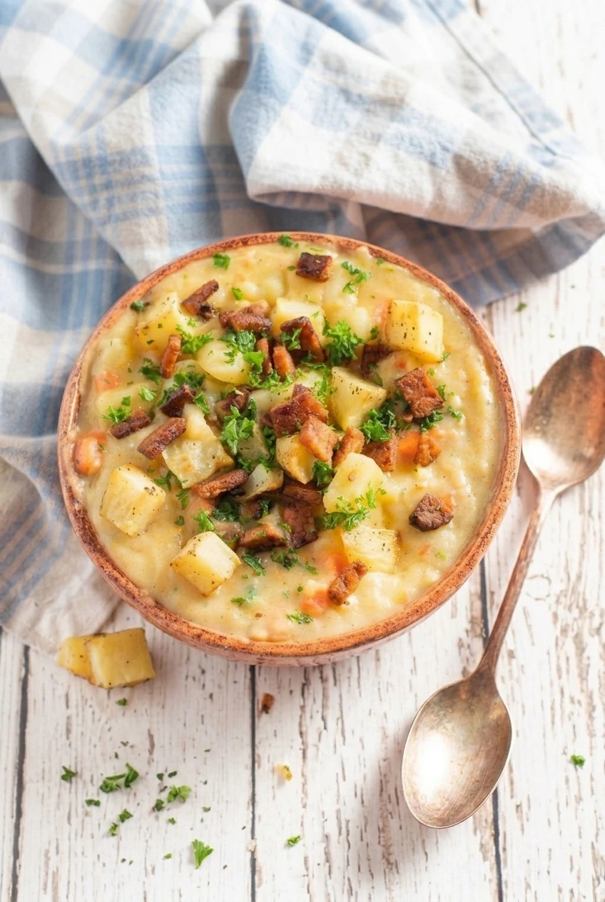 A full bowl of chunky vegan creamy potato soup with vegan bacon and parsley on a rustic tabletop