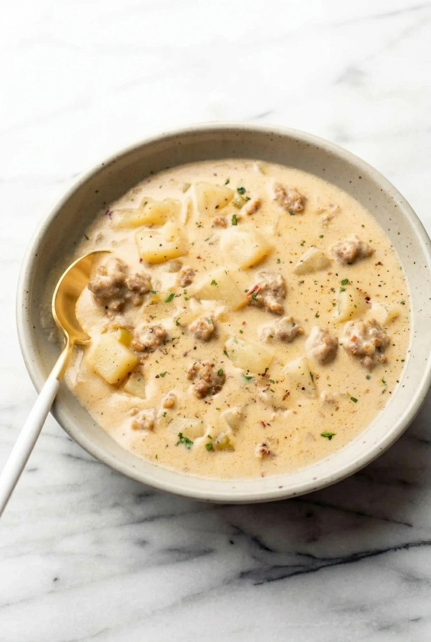 A full bowl of creamy sausage and potato soup centered on a pale stone surface