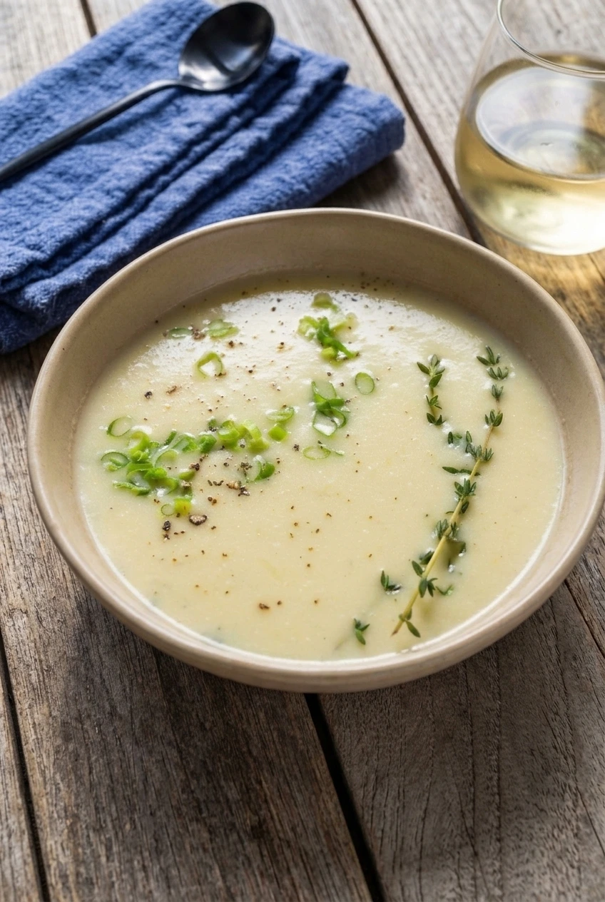 A full bowl of creamy potato leek soup centered on a wooden table with green onion and thyme garnish